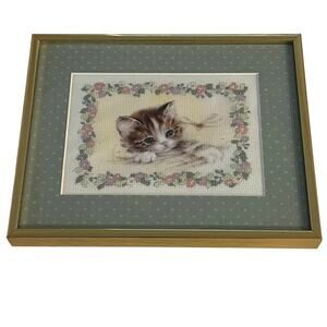 Vintage Framed Cross Stitch Kitten Cat Floral Border 80s Decor 10x8 Matted